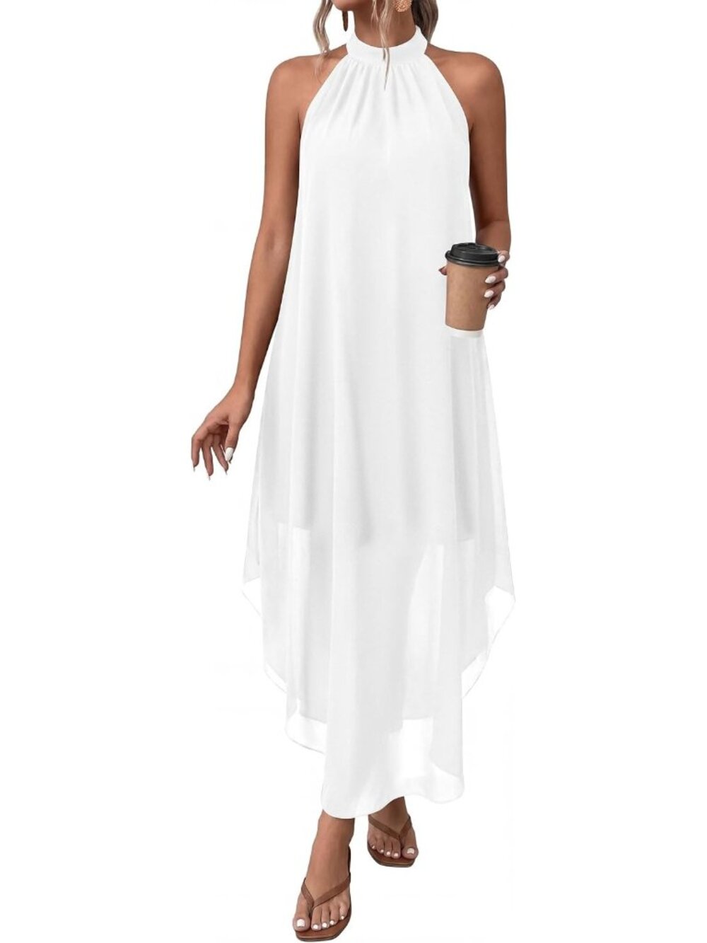Women's White Summer Long Flowy Wedding Guest Halter Pockets Maxi Party Dresses